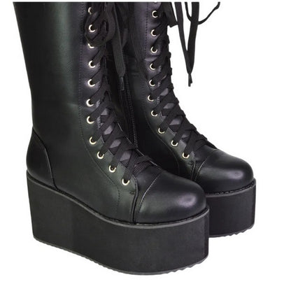 Black - Pack Shot - XY London Womens-Ladies Liz Calf-Length Lace Up High Flatform Biker Boots
