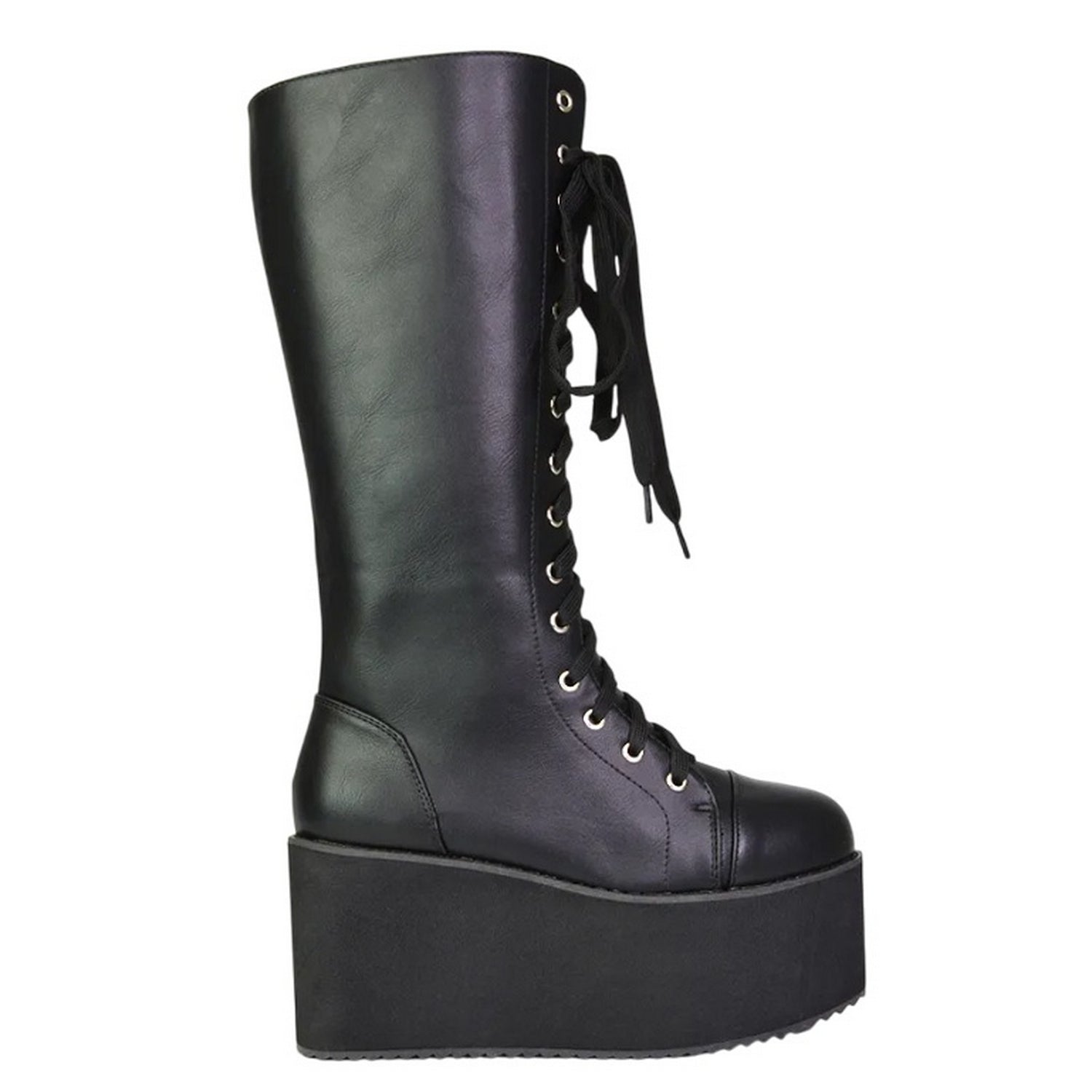 Black - Side - XY London Womens-Ladies Liz Calf-Length Lace Up High Flatform Biker Boots
