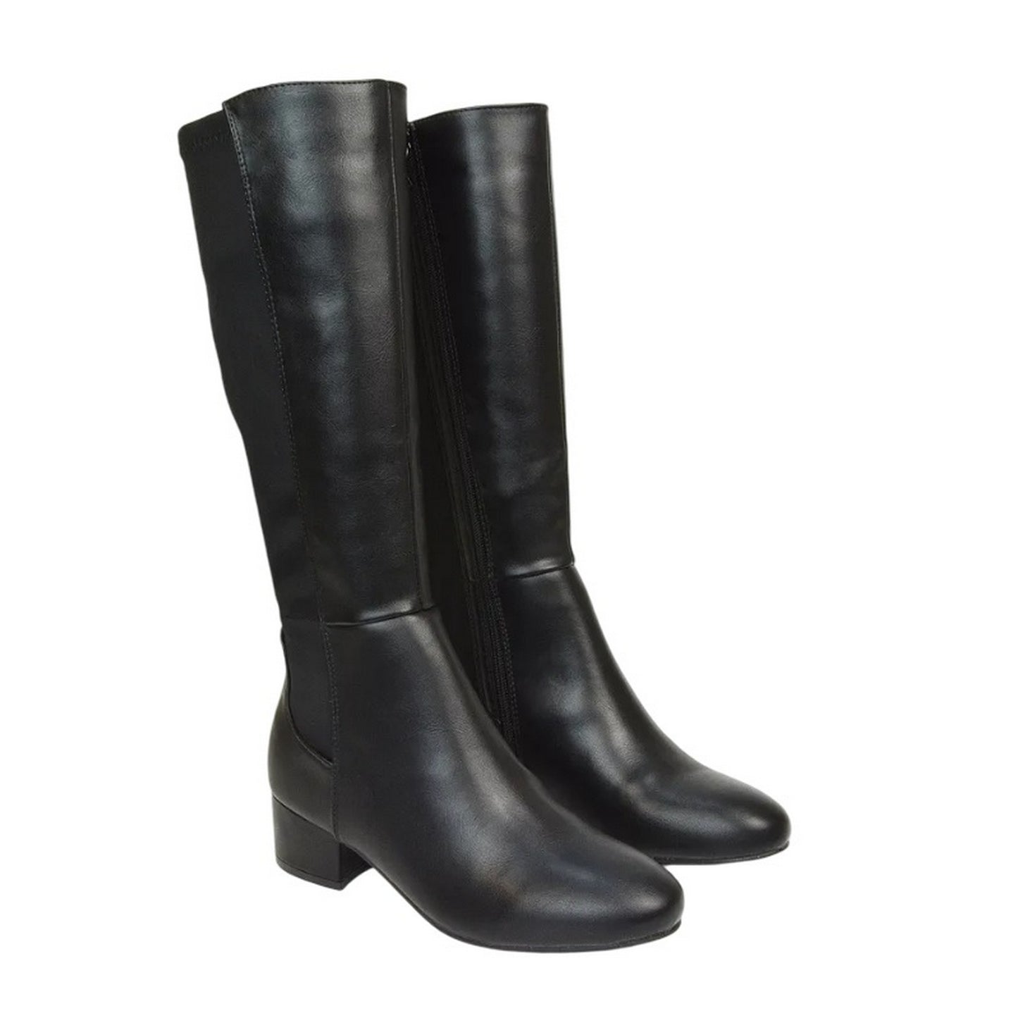 Black - Front - XY London Womens-Ladies Hannah Zip Elasticated Shaft Low Block Heel Long Boots