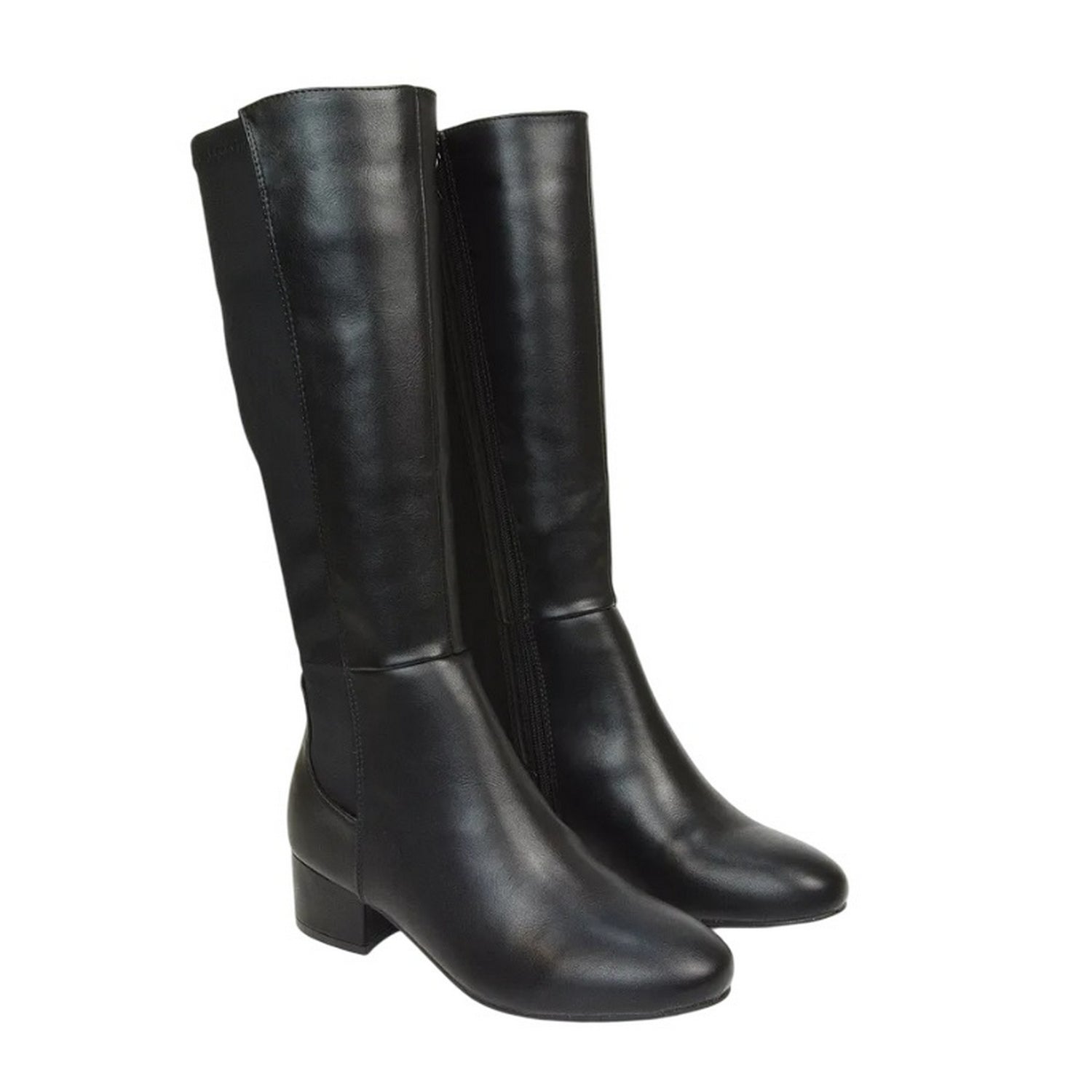 Black - Front - XY London Womens-Ladies Hannah Zip Elasticated Shaft Low Block Heel Long Boots