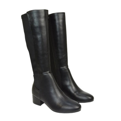 Black - Front - XY London Womens-Ladies Hannah Zip Elasticated Shaft Low Block Heel Long Boots