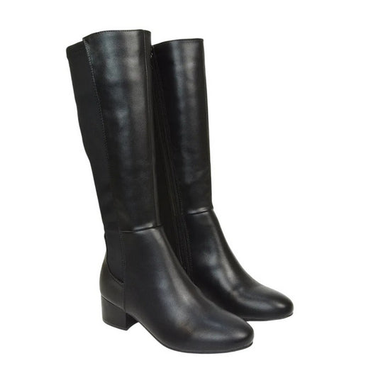 Black - Front - XY London Womens-Ladies Hannah Zip Elasticated Shaft Low Block Heel Long Boots