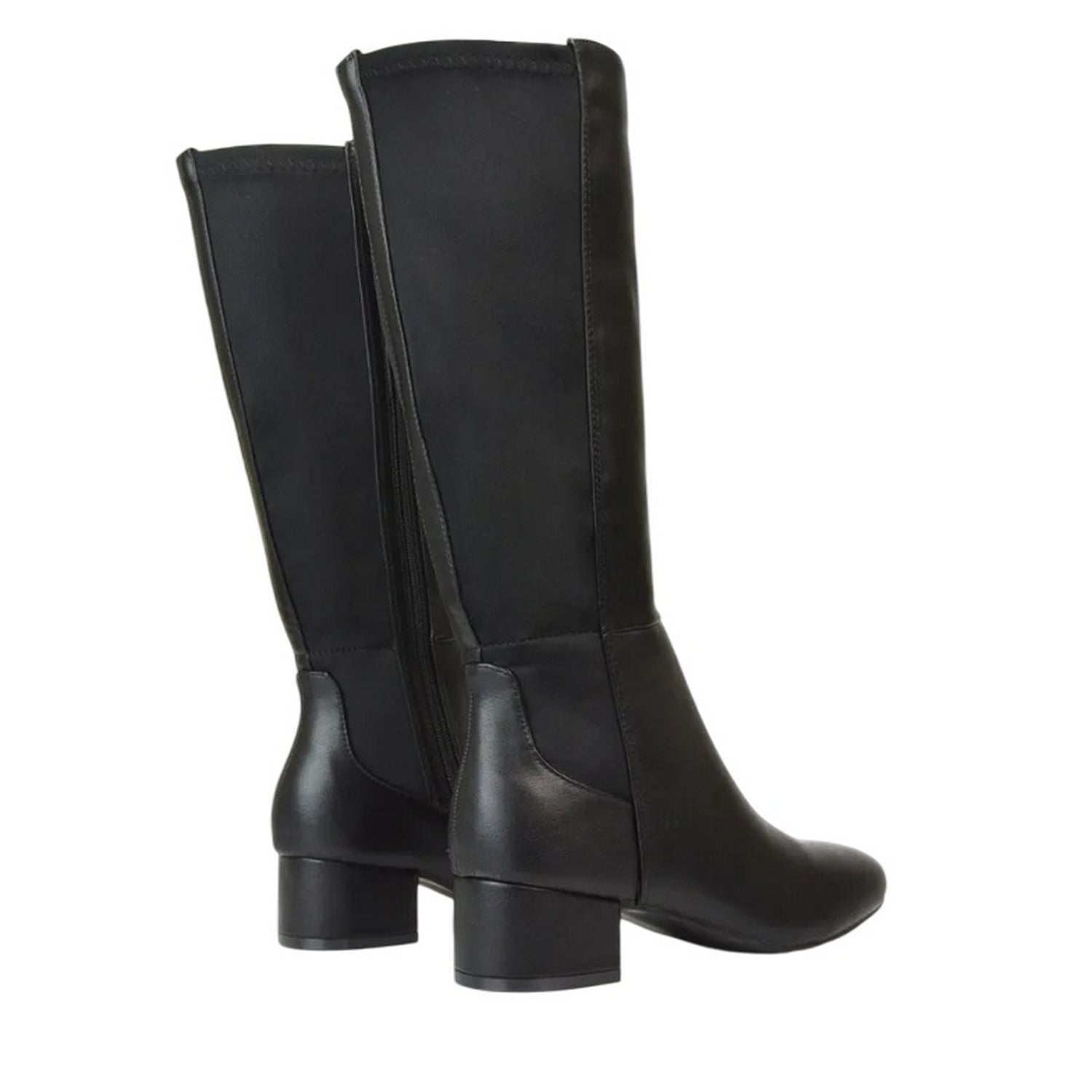 Black - Back - XY London Womens-Ladies Hannah Zip Elasticated Shaft Low Block Heel Long Boots
