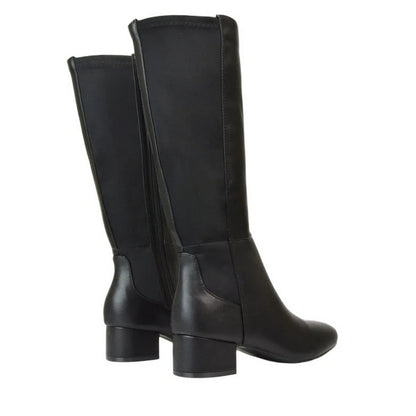 Black - Back - XY London Womens-Ladies Hannah Zip Elasticated Shaft Low Block Heel Long Boots