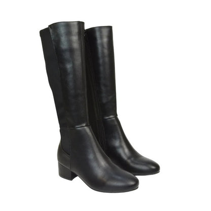 Black - Pack Shot - XY London Womens-Ladies Hannah Zip Elasticated Shaft Low Block Heel Long Boots