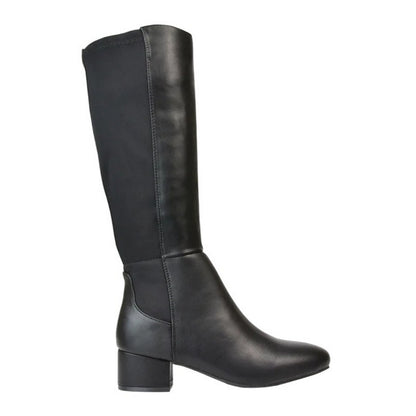 Black - Side - XY London Womens-Ladies Hannah Zip Elasticated Shaft Low Block Heel Long Boots