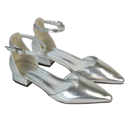 Metallic Silver - Side - XY London Womens-Ladies Jenny Metallic Low Heel Court Shoes