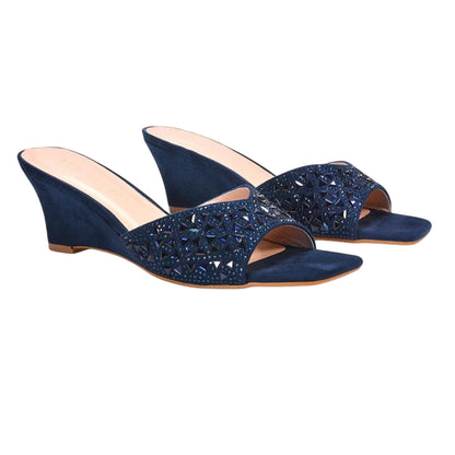 Navy - Side - XY London Womens-Ladies Georgia Diamante Heeled Mule Sandals