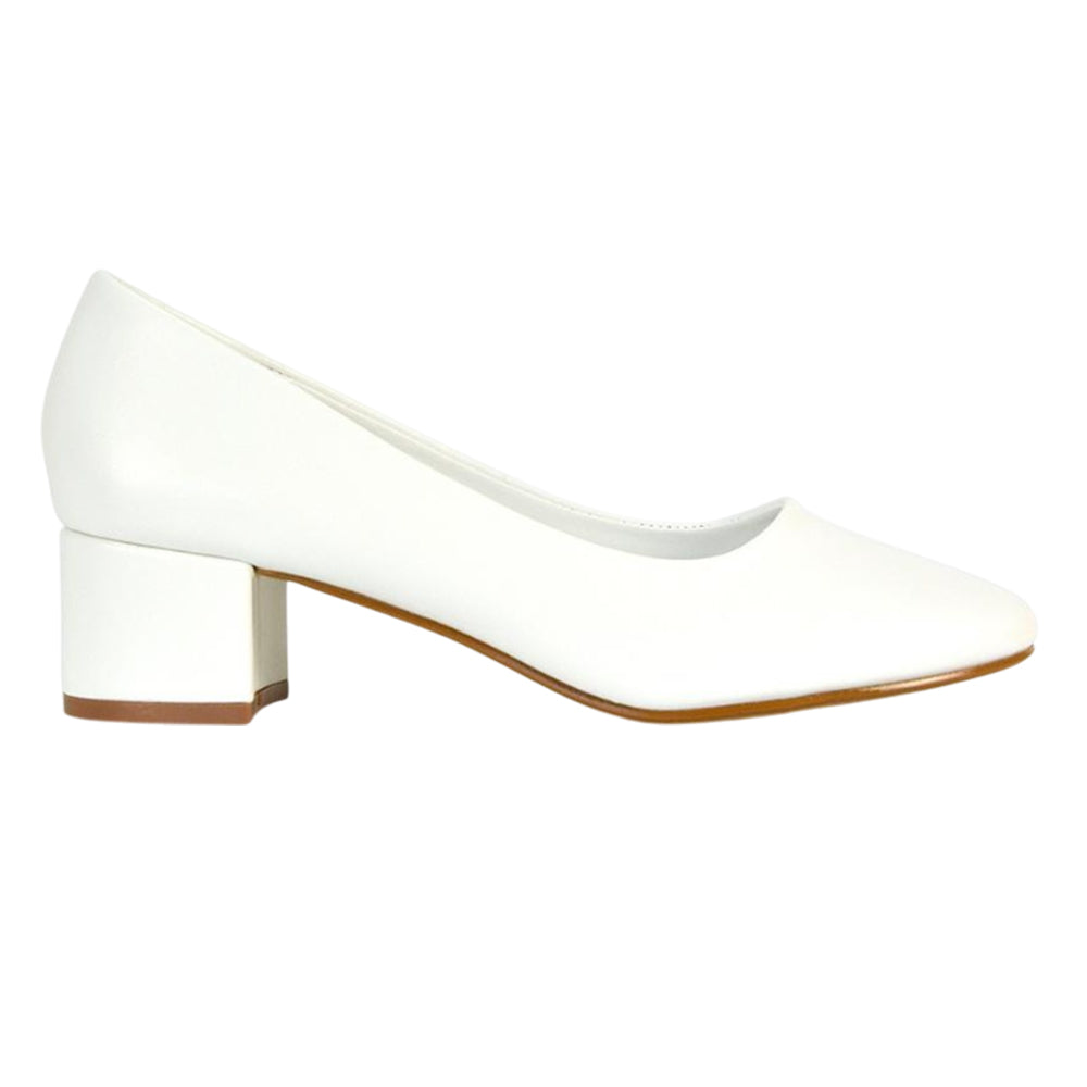 White - Pack Shot - XY London Womens-Ladies Liberty Low Block Heel Court Shoes