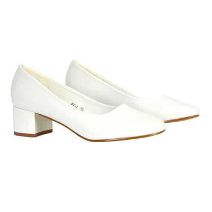 White - Front - XY London Womens-Ladies Liberty Low Block Heel Court Shoes