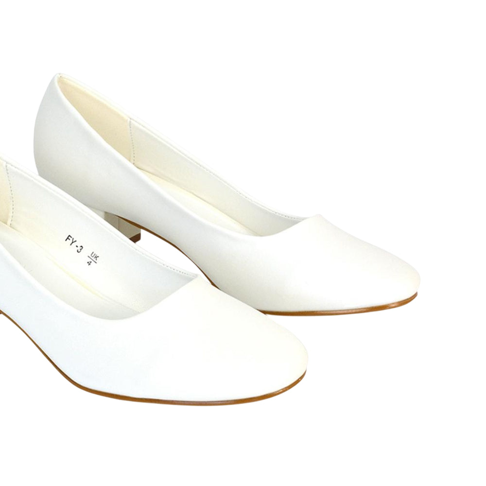 White - Side - XY London Womens-Ladies Liberty Low Block Heel Court Shoes