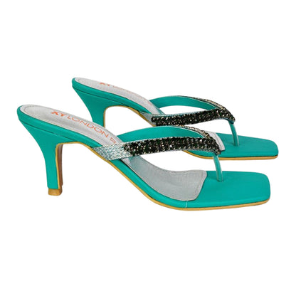 Green - Side - XY London Womens-Ladies Lynn Diamante Kitten Heel Sandals