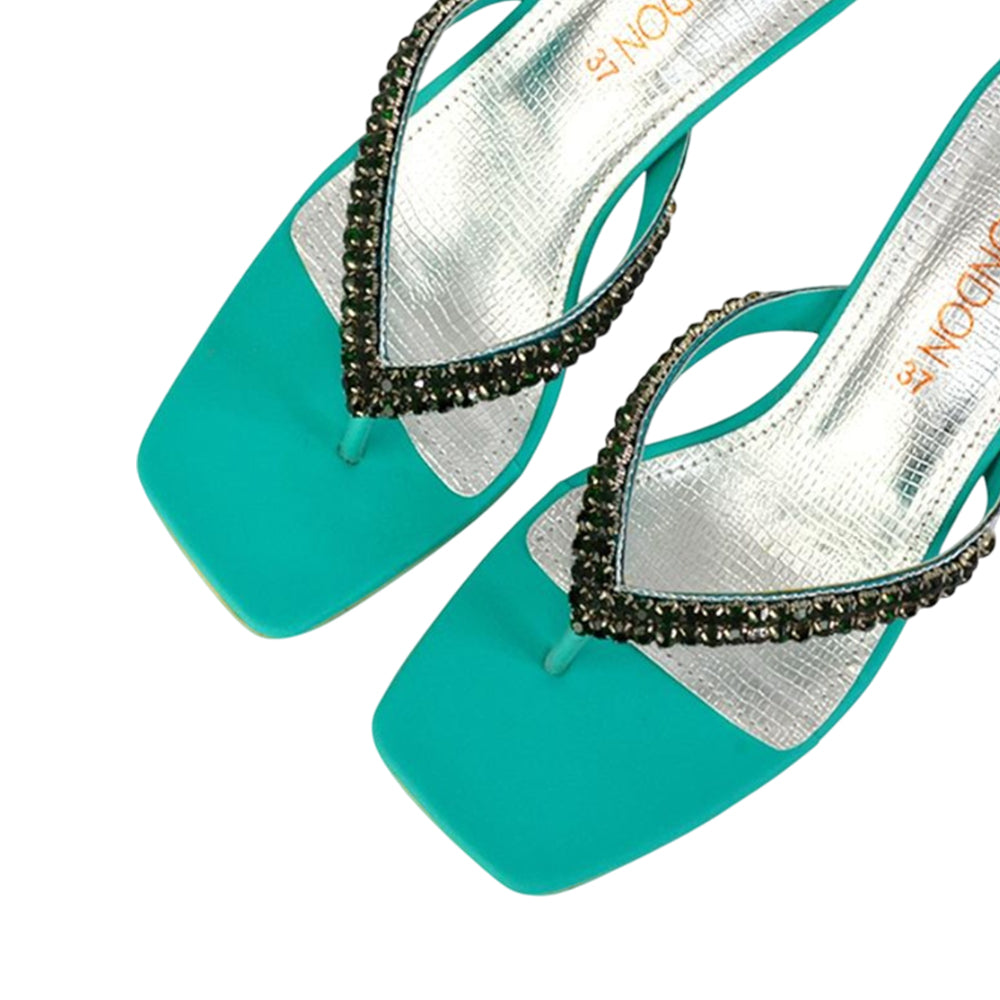 Green - Pack Shot - XY London Womens-Ladies Lynn Diamante Kitten Heel Sandals