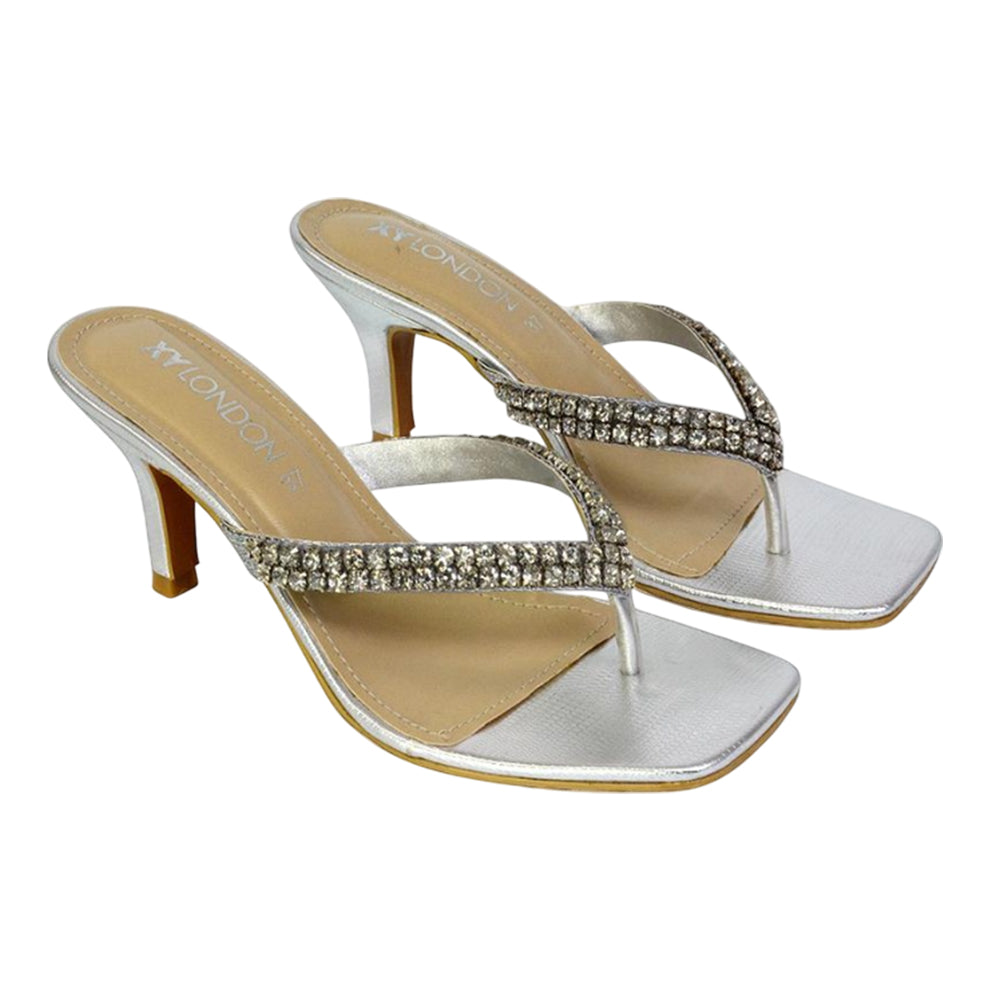 Silver - Front - XY London Womens-Ladies Lynn Diamante Kitten Heel Sandals