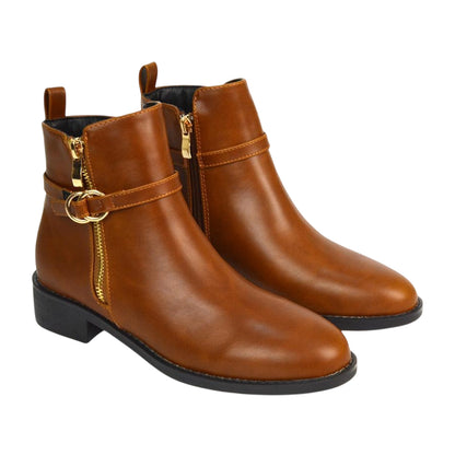 Tan - Front - XY London Womens-Ladies Lorna Buckle Detail Ankle Boots