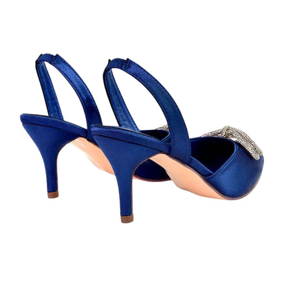 Navy - Back - XY London Womens-Ladies Marinah Bow Diamante Stiletto Heel Court Shoes