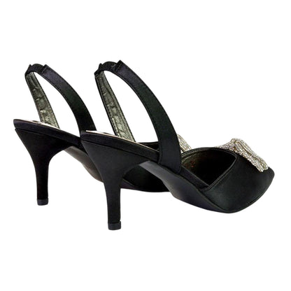 Black - Back - XY London Womens-Ladies Marinah Bow Diamante Stiletto Heel Court Shoes