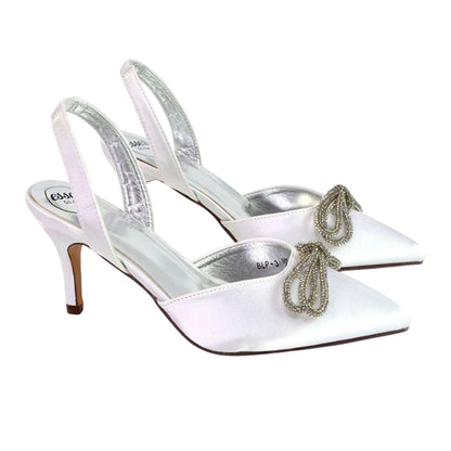 White - Side - XY London Womens-Ladies Marinah Bow Diamante Stiletto Heel Court Shoes