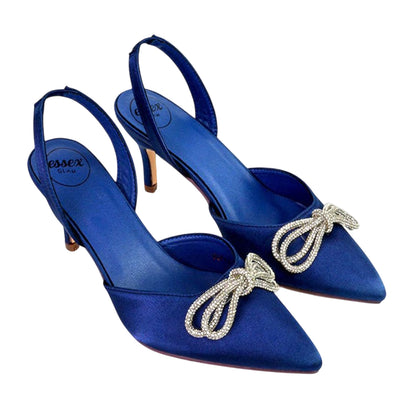 Navy - Front - XY London Womens-Ladies Marinah Bow Diamante Stiletto Heel Court Shoes