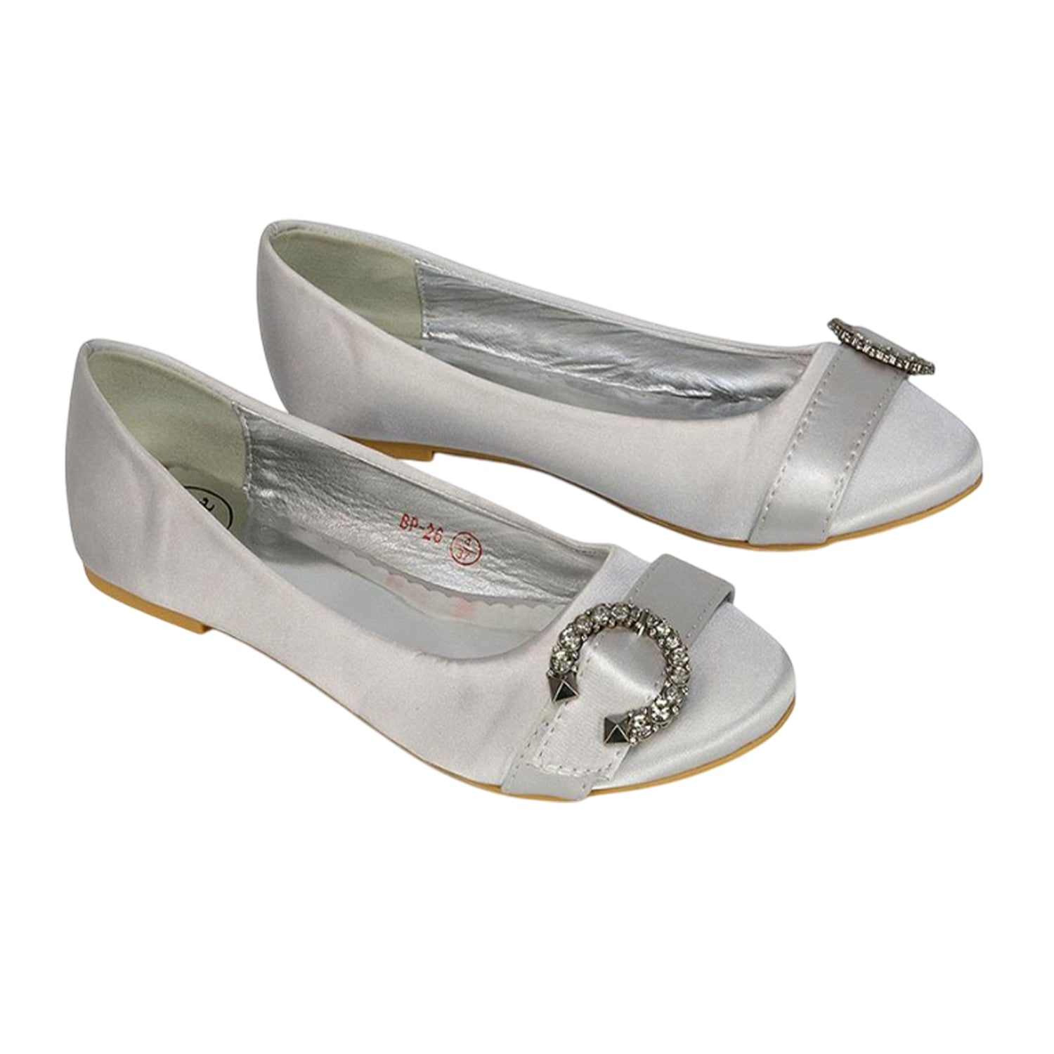 Silver - Side - XY London Womens-Ladies Ferne Broach Front Diamante Bridal Ballerina Flats