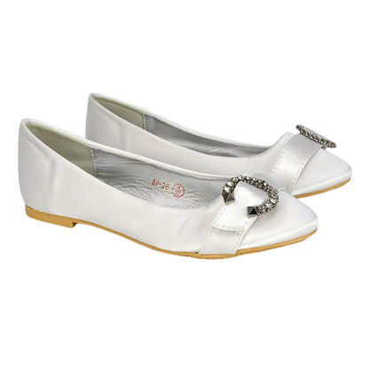 White - Front - XY London Womens-Ladies Ferne Broach Front Diamante Bridal Ballerina Flats
