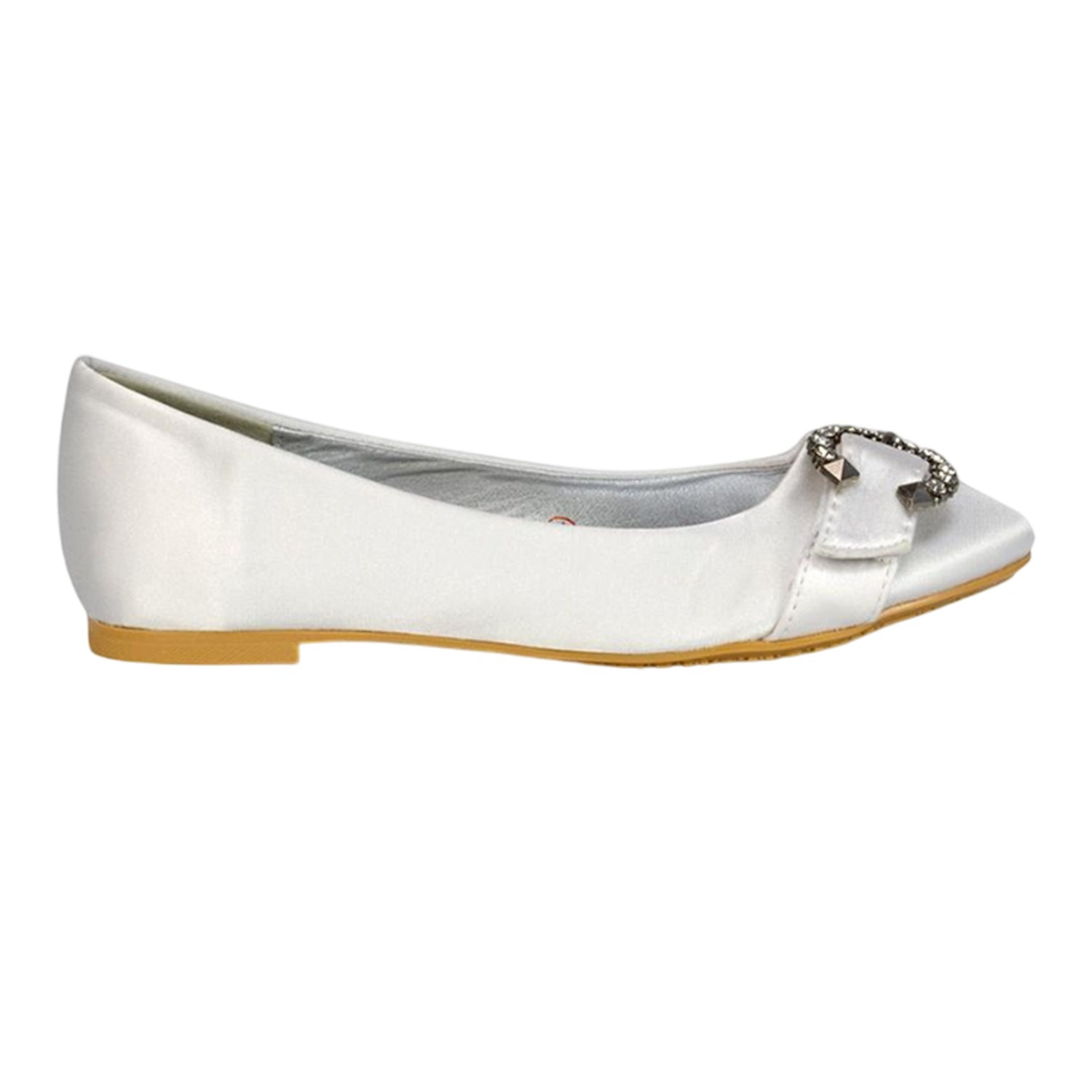 White - Side - XY London Womens-Ladies Ferne Broach Front Diamante Bridal Ballerina Flats