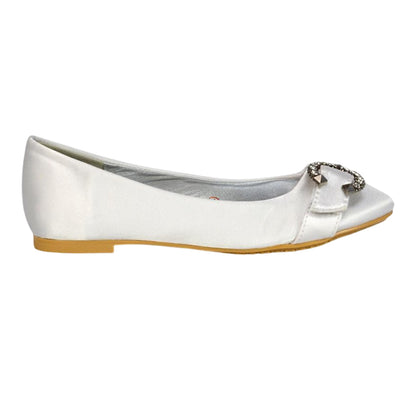White - Side - XY London Womens-Ladies Ferne Broach Front Diamante Bridal Ballerina Flats