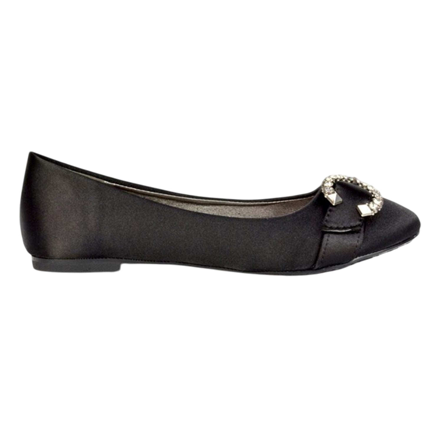 Black - Side - XY London Womens-Ladies Ferne Broach Front Diamante Bridal Ballerina Flats
