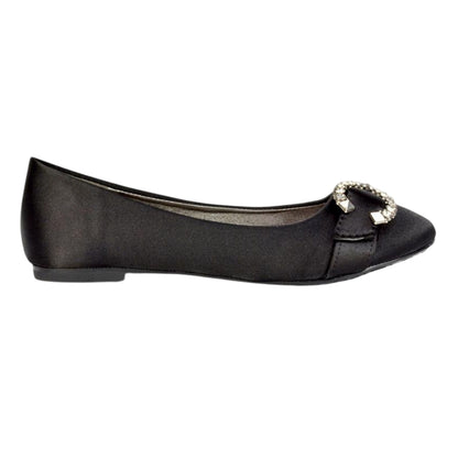 Black - Side - XY London Womens-Ladies Ferne Broach Front Diamante Bridal Ballerina Flats