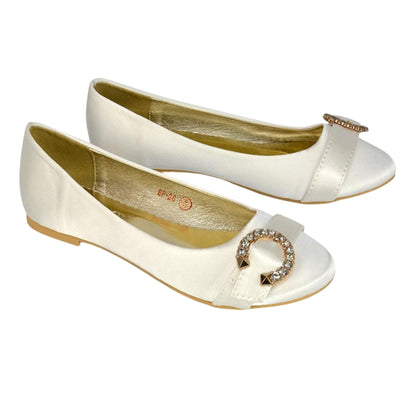 Ivory - Front - XY London Womens-Ladies Ferne Broach Front Diamante Bridal Ballerina Flats