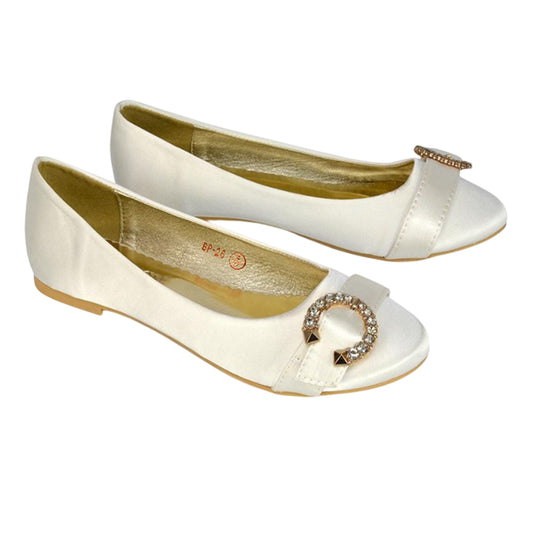 Ivory - Front - XY London Womens-Ladies Ferne Broach Front Diamante Bridal Ballerina Flats