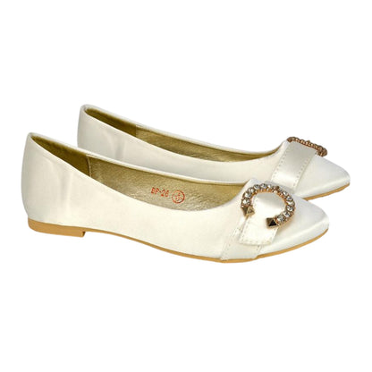 Ivory - Side - XY London Womens-Ladies Ferne Broach Front Diamante Bridal Ballerina Flats