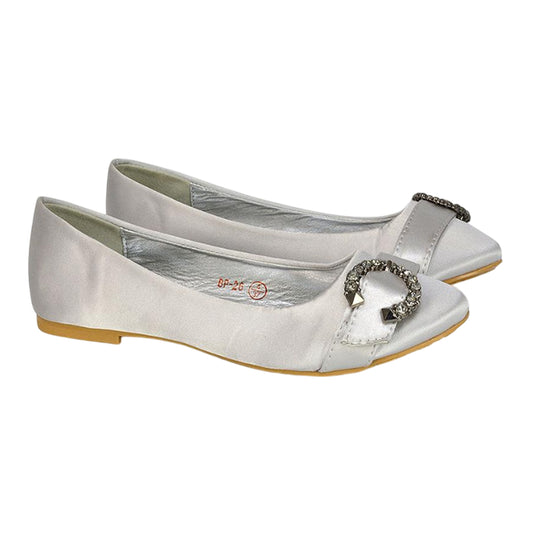 Silver - Front - XY London Womens-Ladies Ferne Broach Front Diamante Bridal Ballerina Flats