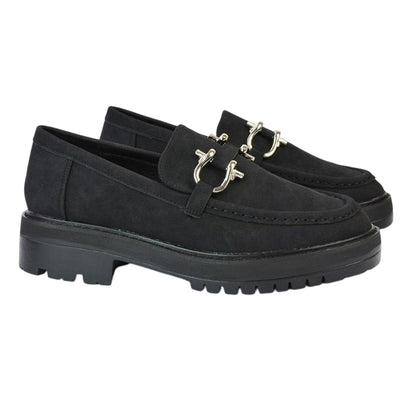 Jet Black - Side - XY London Womens-Ladies Riley Buckle Detail Block Heel Loafers