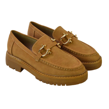 Tan - Front - XY London Womens-Ladies Riley Buckle Detail Block Heel Loafers