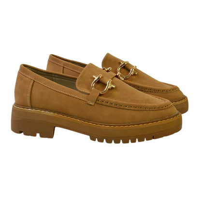 Tan - Side - XY London Womens-Ladies Riley Buckle Detail Block Heel Loafers