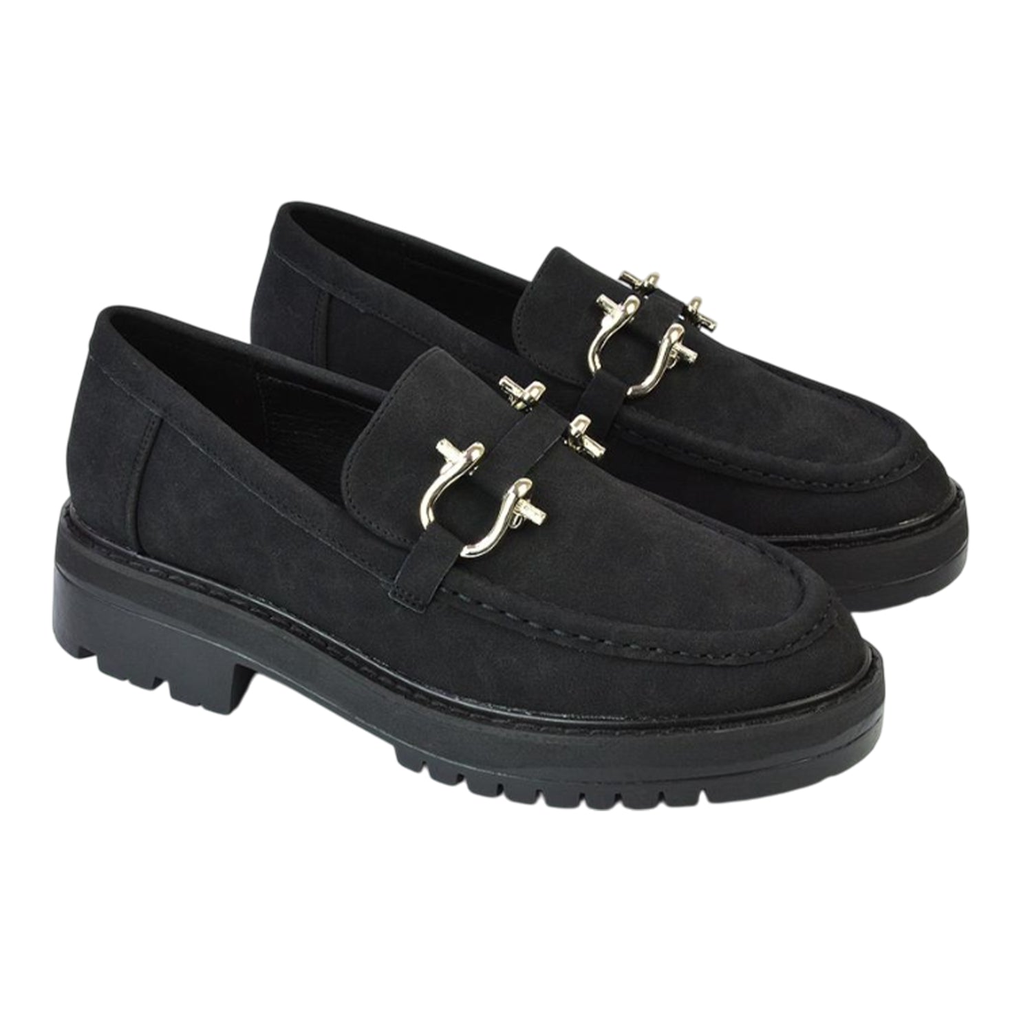 Jet Black - Front - XY London Womens-Ladies Riley Buckle Detail Block Heel Loafers