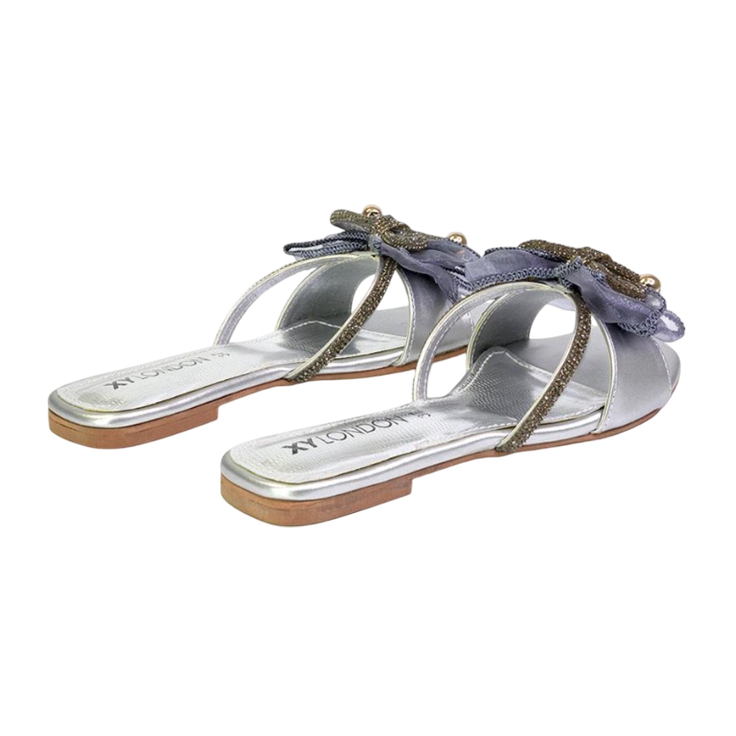 Silver - Back - XY London Womens-Ladies Zendaya Diamante Mesh Bow Flat Sandals
