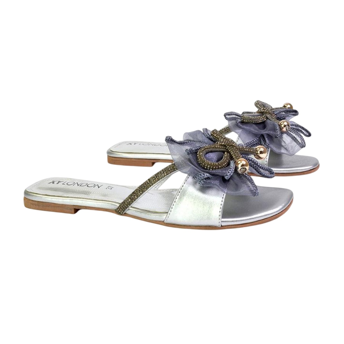 Silver - Side - XY London Womens-Ladies Zendaya Diamante Mesh Bow Flat Sandals