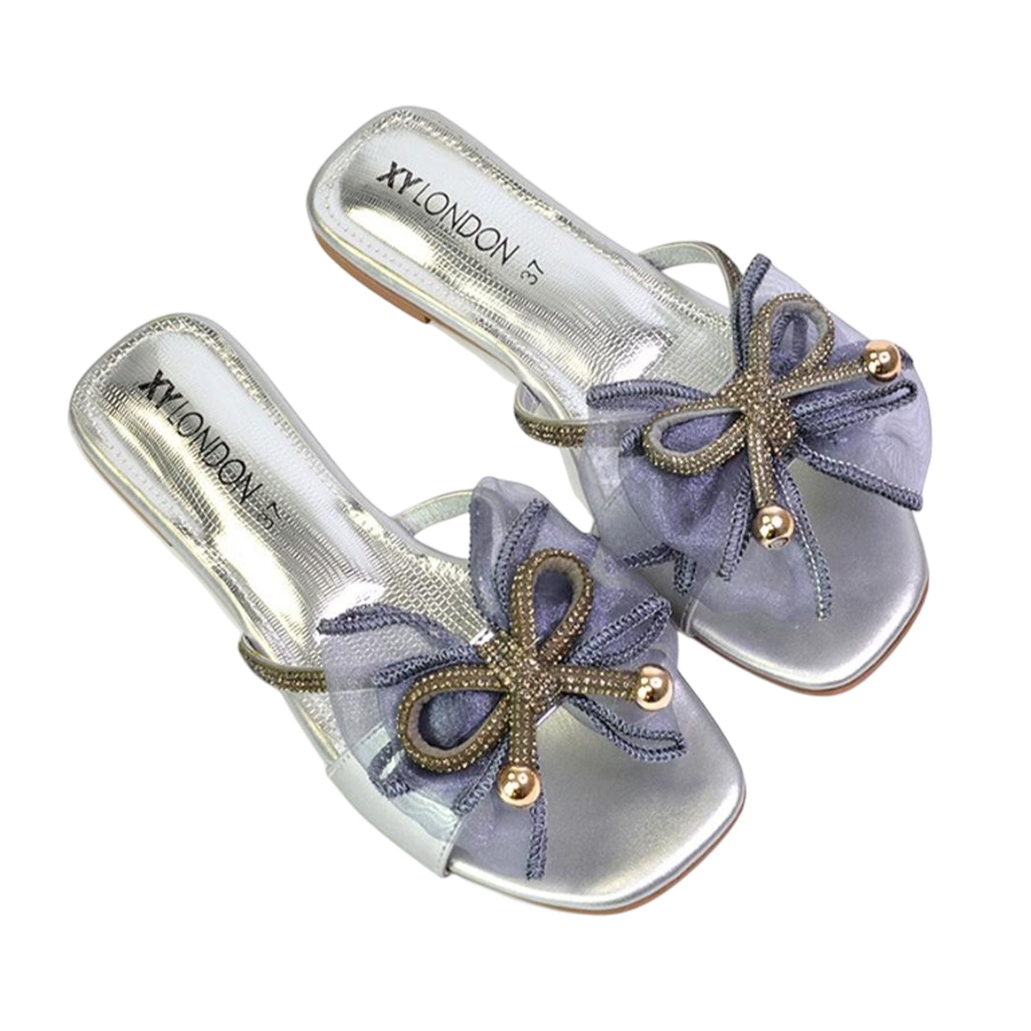 Silver - Pack Shot - XY London Womens-Ladies Zendaya Diamante Mesh Bow Flat Sandals