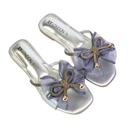 Silver - Pack Shot - XY London Womens-Ladies Zendaya Diamante Mesh Bow Flat Sandals