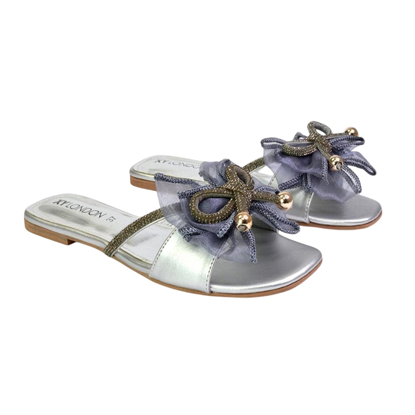 Silver - Front - XY London Womens-Ladies Zendaya Diamante Mesh Bow Flat Sandals