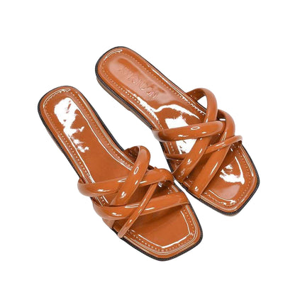 Brown - Side - XY London Womens-Ladies Fiona Strappy Patent Leather Flat Sliders