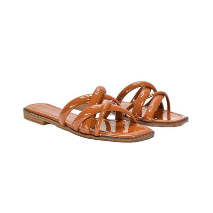 Brown - Lifestyle - XY London Womens-Ladies Fiona Strappy Patent Leather Flat Sliders