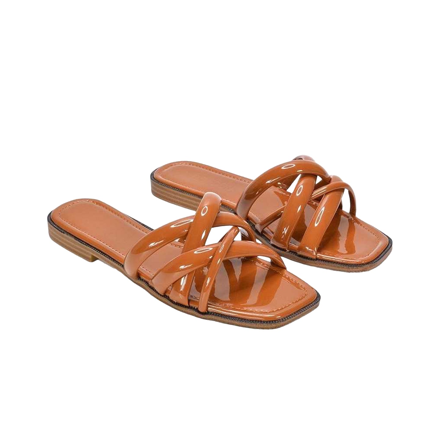 Brown - Pack Shot - XY London Womens-Ladies Fiona Strappy Patent Leather Flat Sliders
