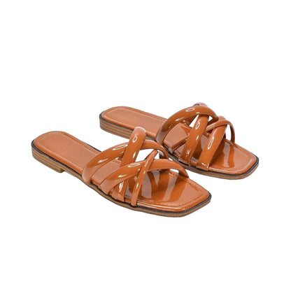 Brown - Pack Shot - XY London Womens-Ladies Fiona Strappy Patent Leather Flat Sliders