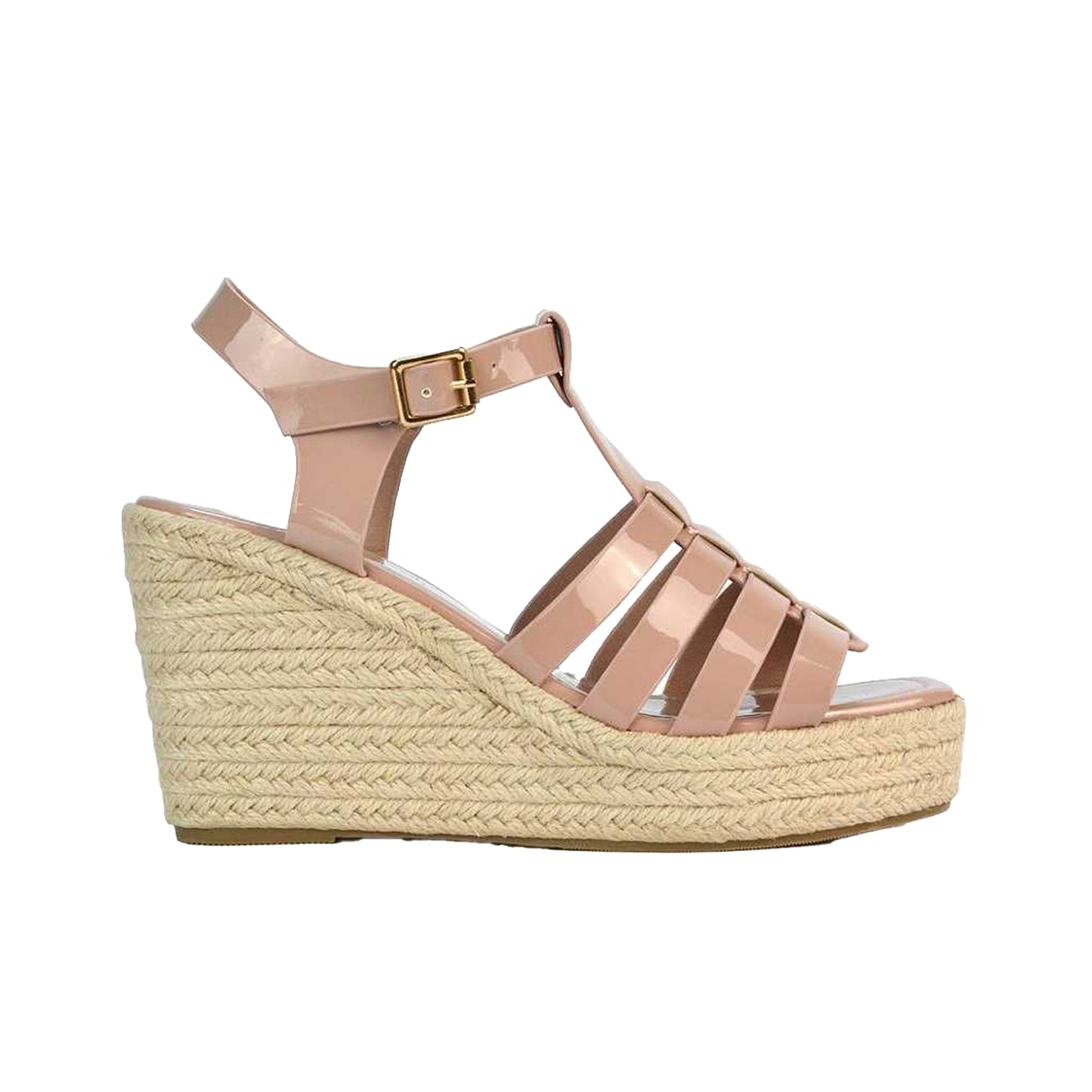 Nude - Side - XY London Womens-Ladies Remi Patent Leather Square Toe Wedge Sandals