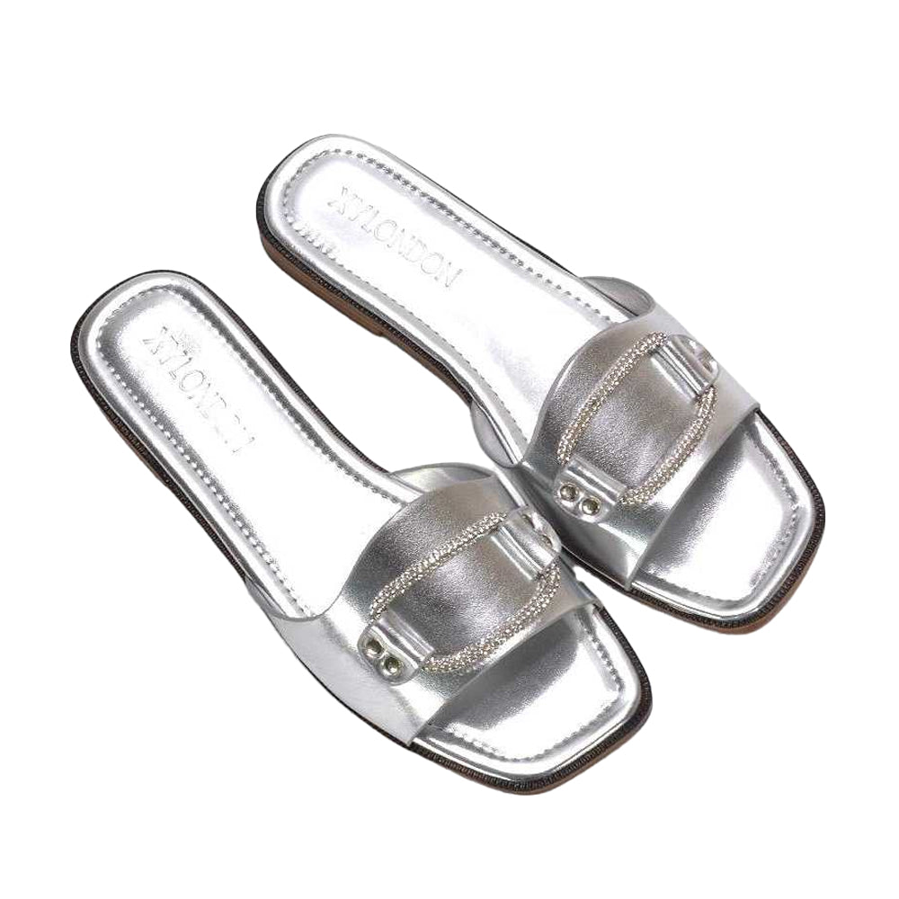 Silver - Side - XY London Womens-Ladies Annie Diamante Metallic Flat Sandals