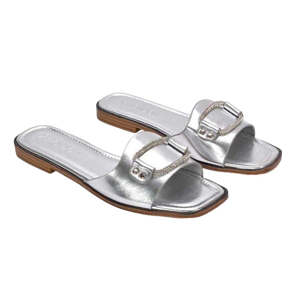 Silver - Pack Shot - XY London Womens-Ladies Annie Diamante Metallic Flat Sandals
