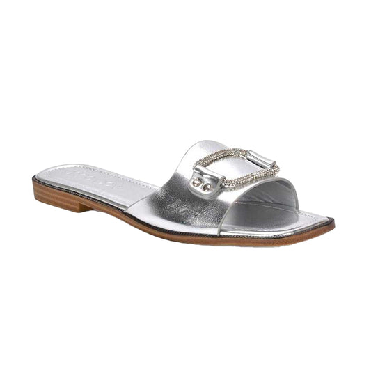Silver - Front - XY London Womens-Ladies Annie Diamante Metallic Flat Sandals